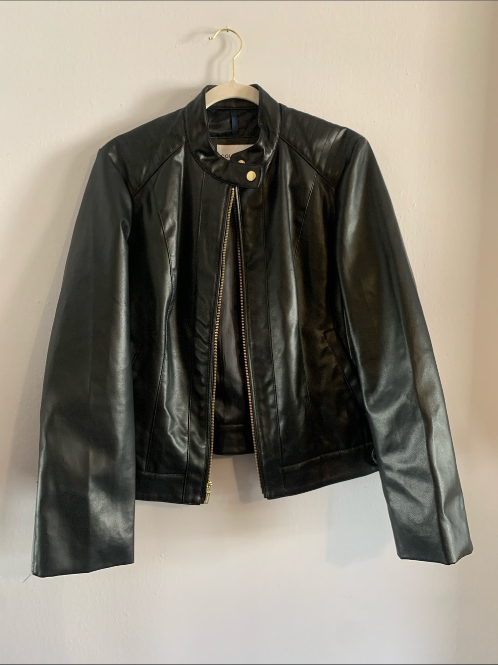 COLE HAAN Black Faux Leather Zip Jacket with Snap Collar